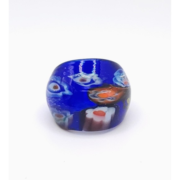 The Unbranded Brand Jewelry - Murano Style Hand Blown Glass Ring Women's Blue Art Floral Design Boho Size 6